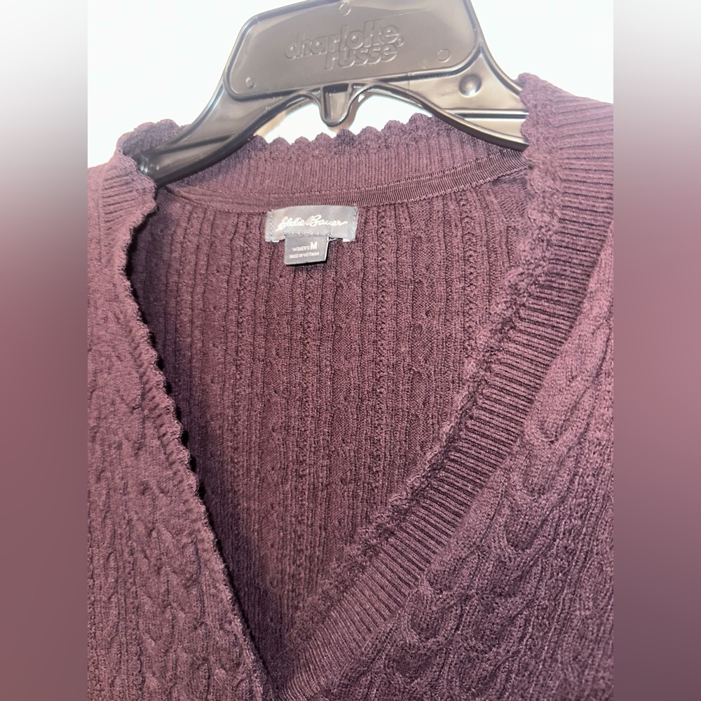 Eddie Bauer Women's Deep Purple V-Neck Braided Cardigan